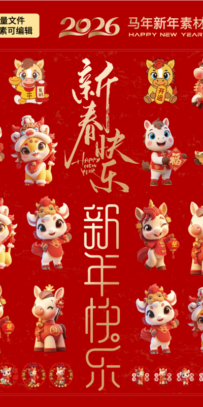 马年主题图形设计素材 毛笔字体与插画结合的AI模板(9)