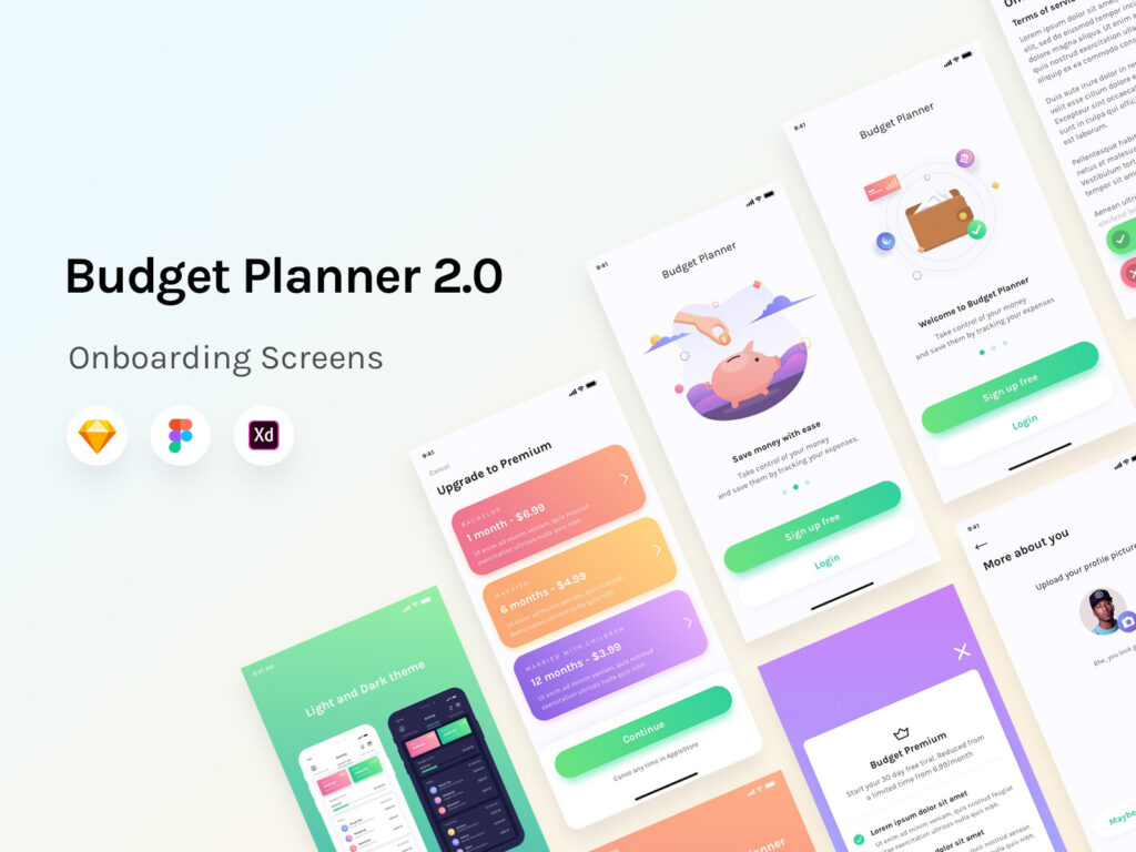 Budget planner app onboarding 登录、注册ui .fig .sketch .xd素材下载