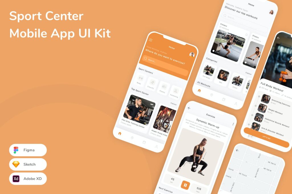 运动中心移动应用程序用APP UI kit (SKETCH,FIG,XD)