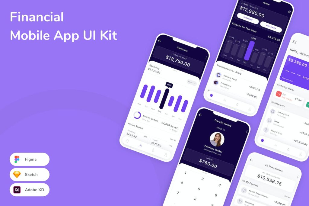 金融移动应用APP UI kit (SKETCH,FIG,XD)