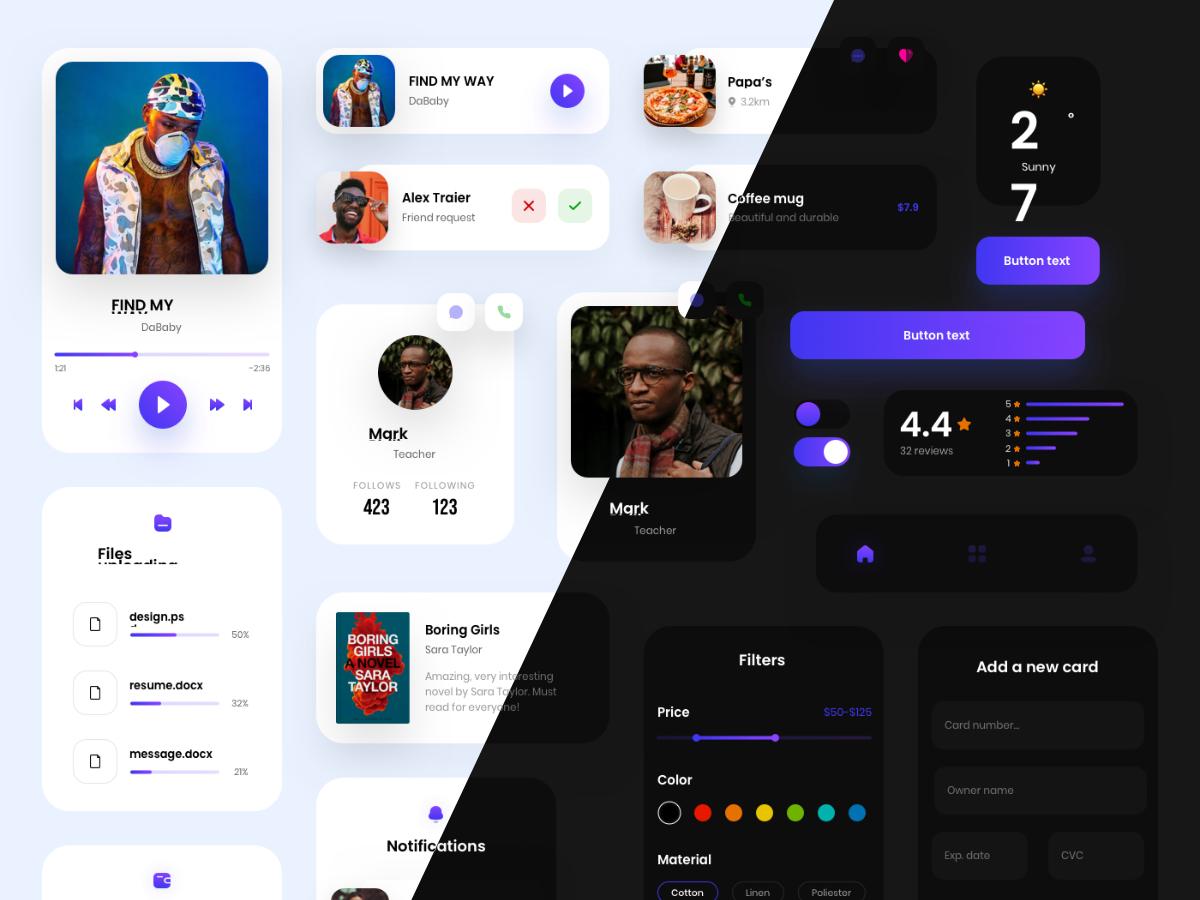 明暗两个风格app UI 组件元素包 ui kit .xd .sketch .fig素材下载