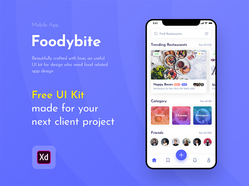 美食社交app ui 模板 foodybite .xd素材下载