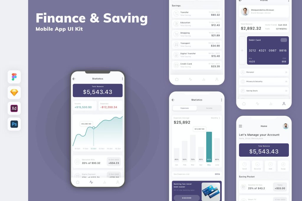 金融与储蓄移动应用APP UI KIT (SKETCH,FIG,XD,PSD)