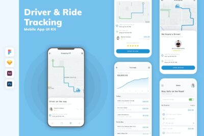 驾驶员和乘车追踪移动应用 APP UI KIT (SKETCH,FIG,XD,PSD)