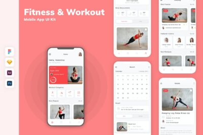 健身和锻炼手机应用App UI Kit (SKETCH,FIG,XD,PSD)