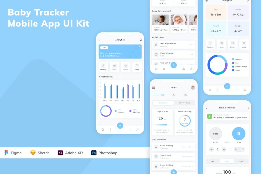 婴儿成长追踪器移动应用APP UI KIT (SKETCH,FIG,XD,PSD)