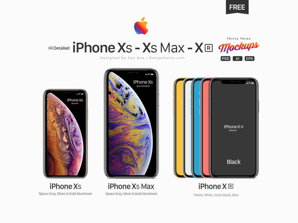 Apple iPhone Xs, Xs Max & Xr mockup .psd .ai .eps下载