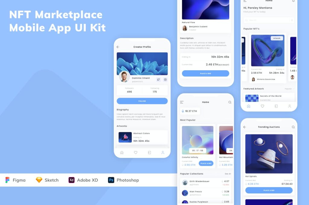 NFT市场移动应用APP UI KIT (SKETCH,FIG,XD,PSD)