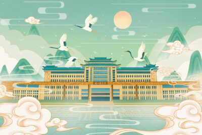 绿色国潮城市仙鹤风景插画国潮山水城市建筑.PSD