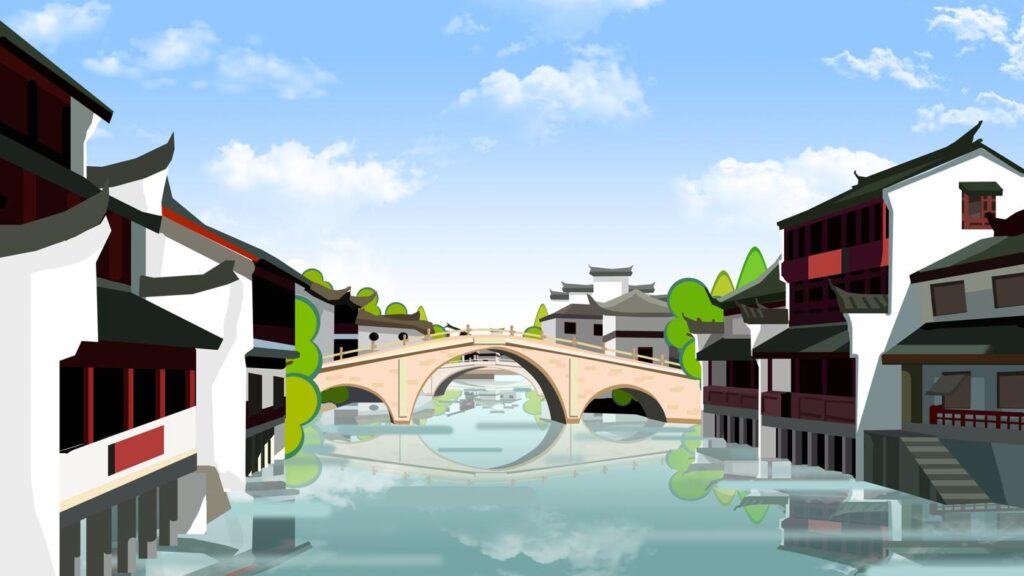 国潮中国风传统宫廷古建筑手绘插画场景海报背景PSD设计素材模板(7)