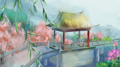 中国风庭院江南院落风彩绘插画PSD背景素材(27)