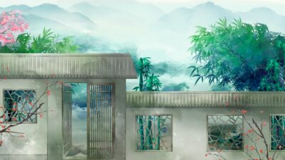 中国风庭院江南院落风彩绘插画PSD背景素材(41)