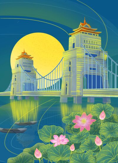 国潮中国风传统宫廷古建筑手绘插画场景海报背景PSD设计素材模板(129)