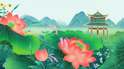 古典中国风中式国潮花卉荷花风景画背景墙装饰画画芯PSD设计素材(横板)(12)