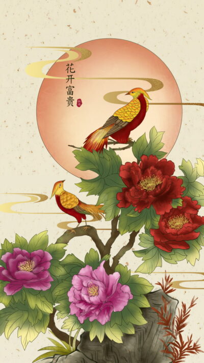 古典中国风中式国潮花卉荷花风景画背景墙装饰画画芯PSD设计素材(竖版)(50)