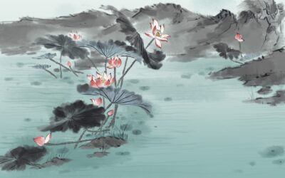 古典中国典雅荷花水墨风景插画背景装饰素材(27) .psd素材下载