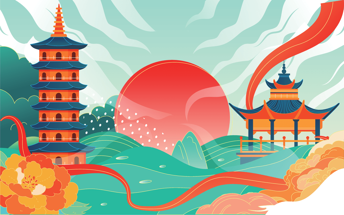国潮风中国风传统古风古建筑场景插画背景海报EPS矢量设计素材模板(10)