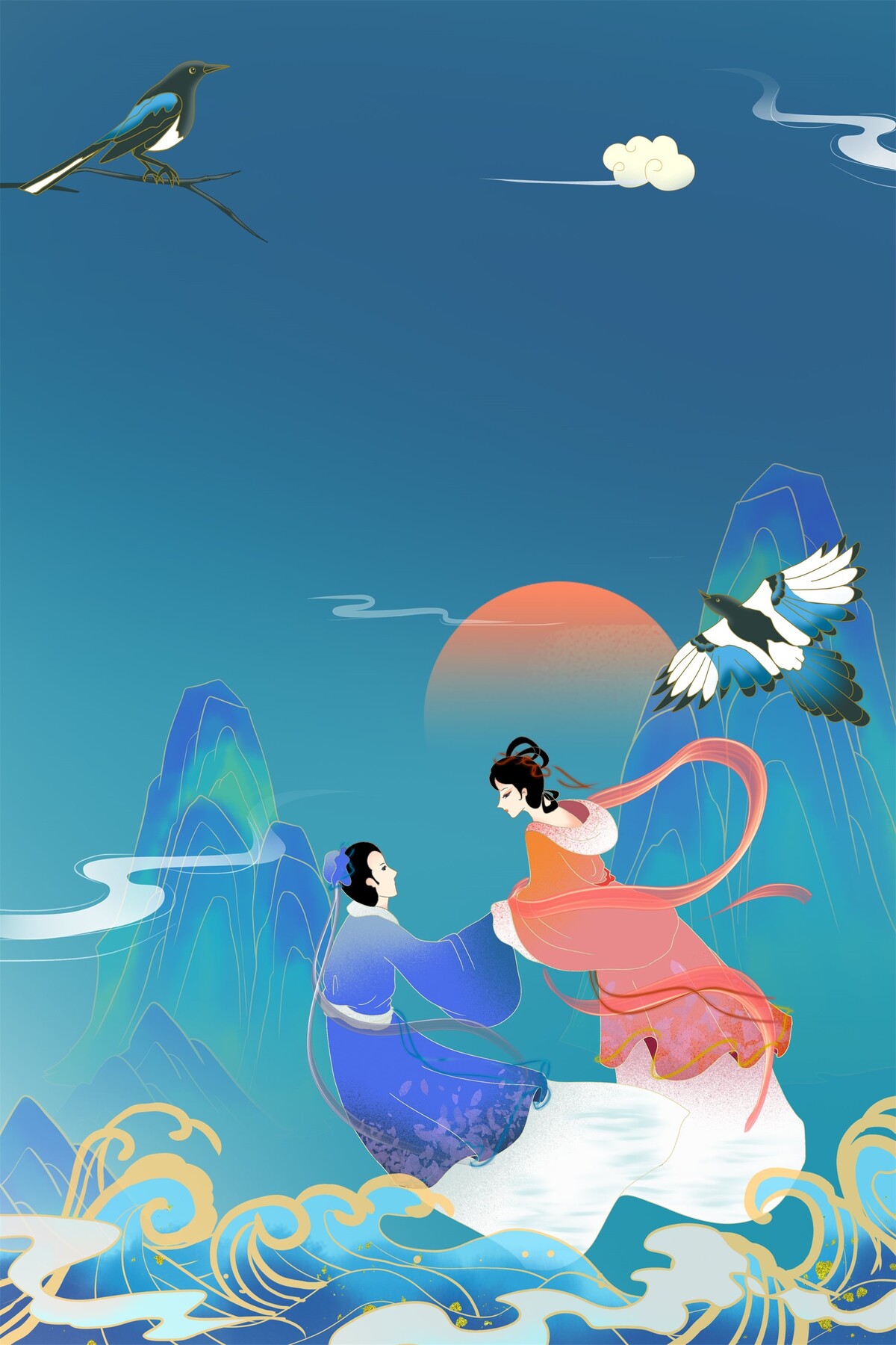 国潮中国风仙鹤祥云山水敦煌仙女风景海报背景PSD设计素材模板PS(103)