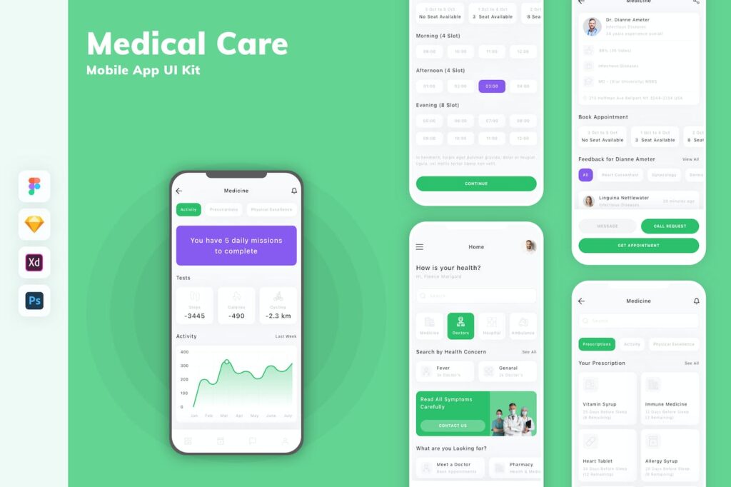 医疗保健移动应用APP UI KIT (SKETCH,FIG,XD,PSD)