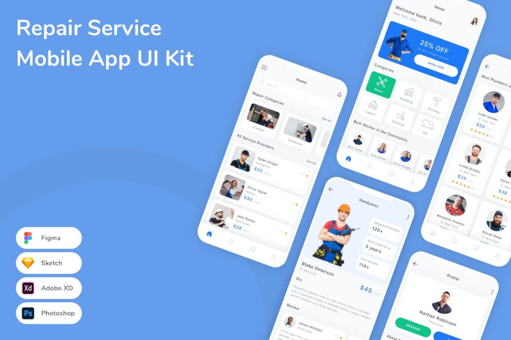 维修服务移动应用APP UI KIT (SKETCH,FIG,XD,PSD)