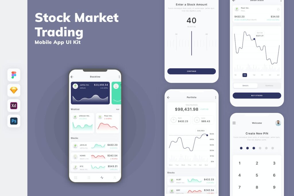 股票市场交易手机应用APP UI KIT (SKETCH,FIG,XD,PSD)