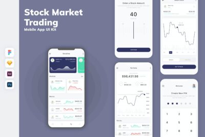 股票市场交易手机应用APP UI KIT (SKETCH,FIG,XD,PSD)