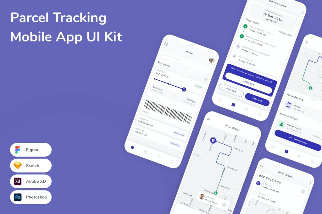包裹追踪移动应用APP UI KIT (SKETCH,FIG,XD,PSD)