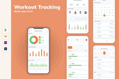 锻炼追踪移动应用APP UI KIT (SKETCH,FIG,XD,PSD)