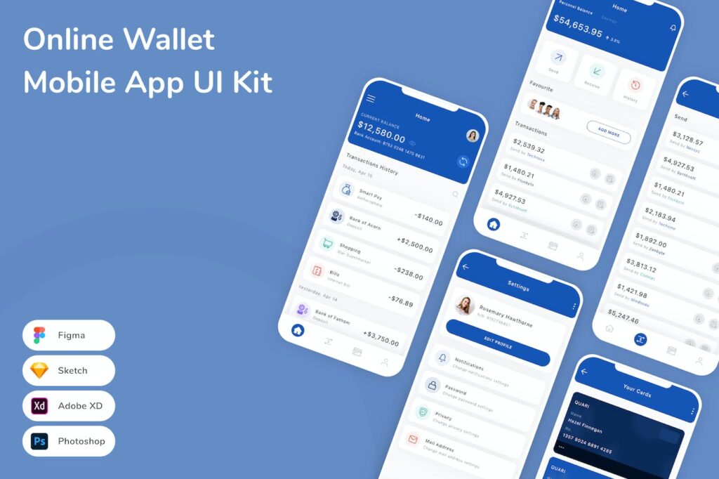 在线钱包移动应用APP UI KIT (SKETCH,FIG,XD,PSD) – 全景酷逊