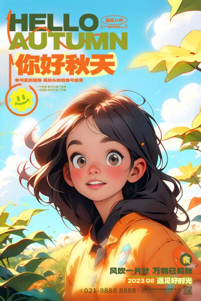 手绘插画风你好秋天创意秋天海报AI.PSD