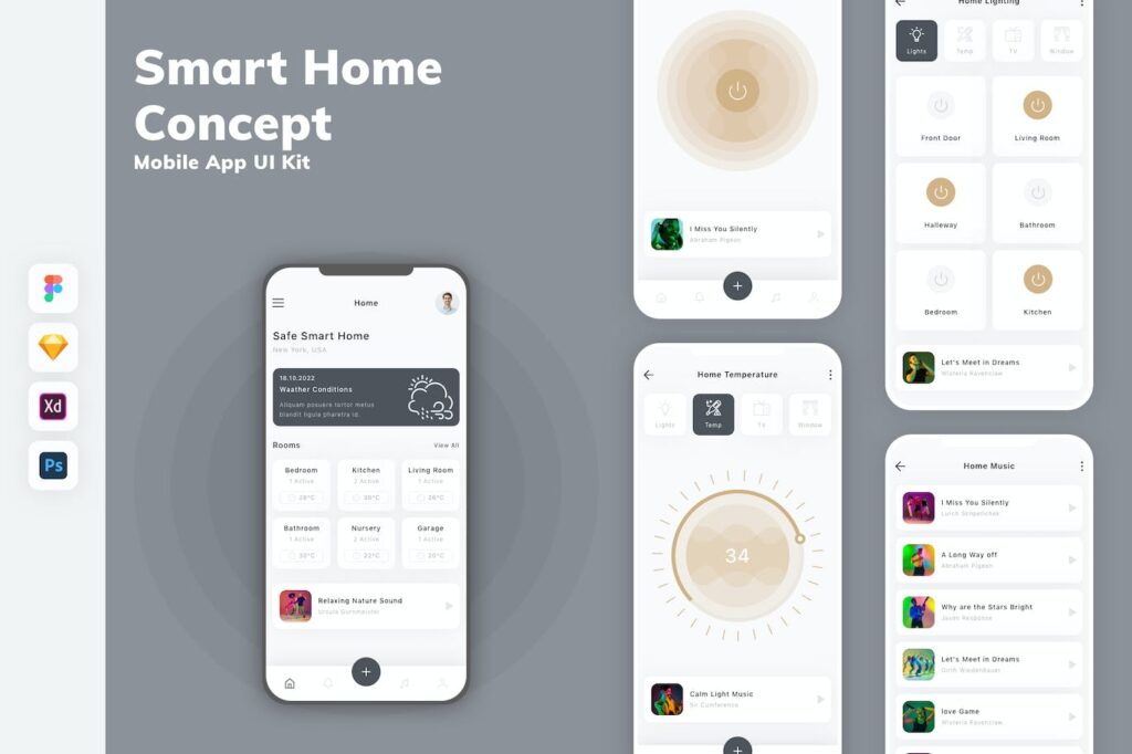 智能家居概念手机应用APP UI KIT (SKETCH,FIG,XD,PSD)