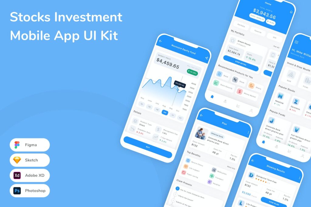 股票投资移动应用UI套件（SKETCH、FIG、XD、PSD）