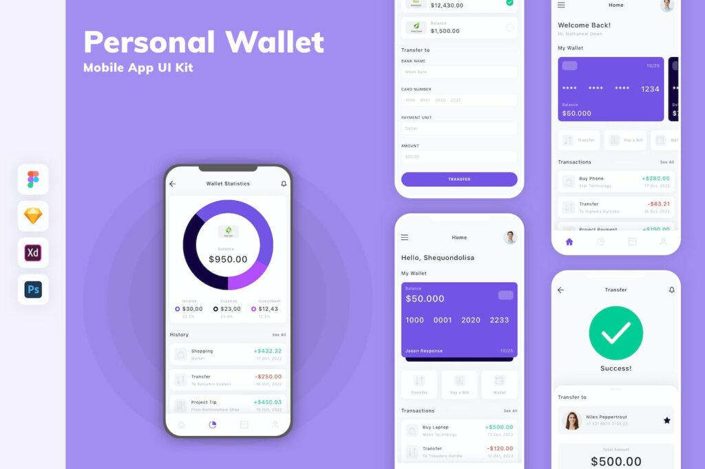 个人钱包移动应用APP UI KIT (SKETCH,FIG,XD,PSD)