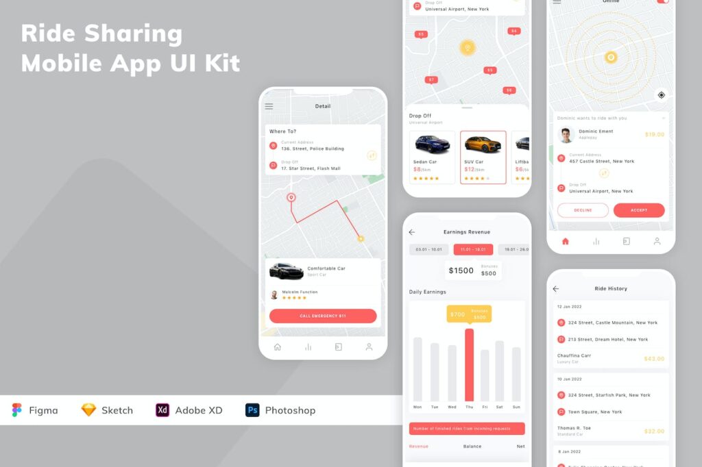 拼车移动应用APP UI KIT (SKETCH,FIG,XD,PSD)