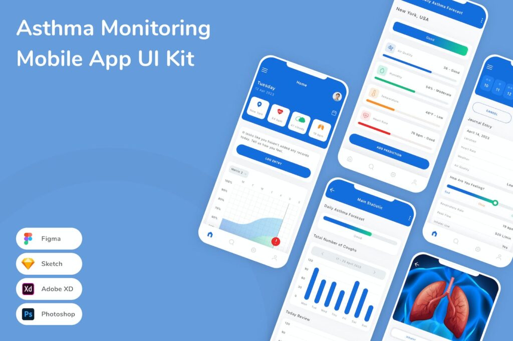 哮喘监测手机应用APP UI KIT (SKETCH,FIG,XD,PSD)