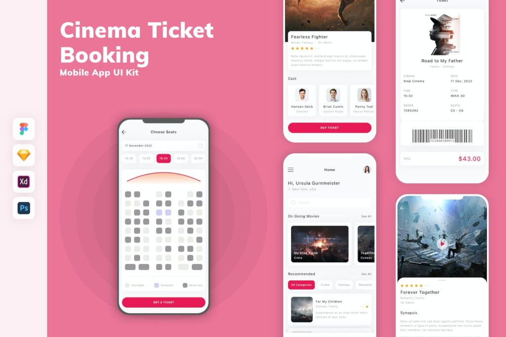 电影票预订应用程序UI套件 (SKETCH,FIG,XD,PSD)