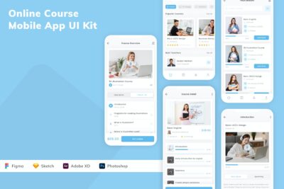 在线课程手机应用App UI Kit (SKETCH,FIG,XD,PSD)