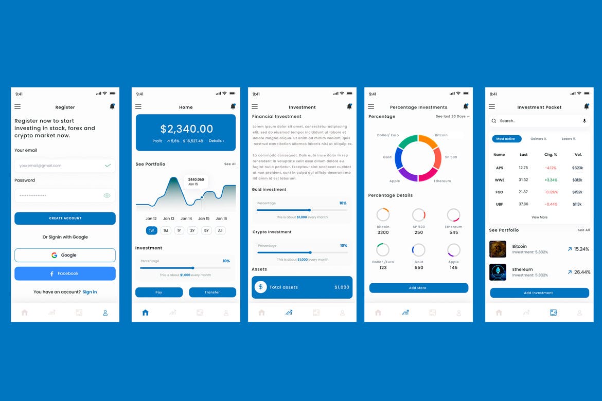 投资、外汇和加密金融投资组合应用APP UI KIT (FIG,XD,PSD,SKETCH)