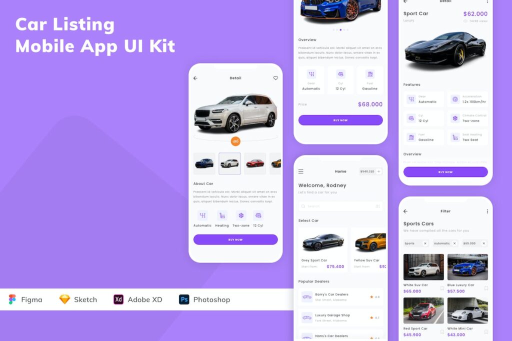 汽车上市手机应用App UI Kit (SKETCH,FIG,XD,PSD)