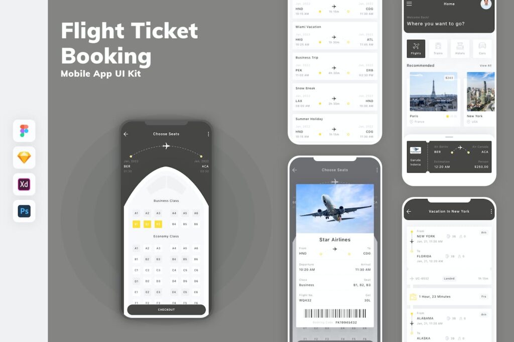 机票预订手机应用APP UI KIT (SKETCH,FIG,XD,PSD)