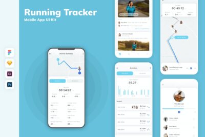 跑步跟踪器移动应用APP UI KIT (SKETCH,FIG,XD,PSD)