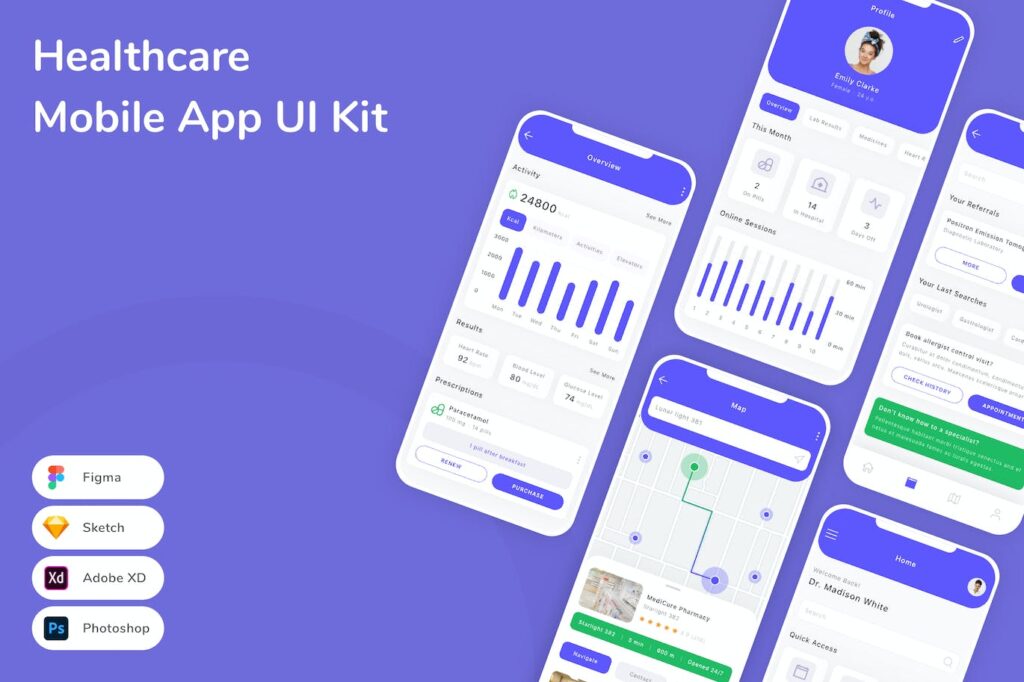 医疗保健移动应用APP UI KIT (SKETCH,FIG,XD,PSD)