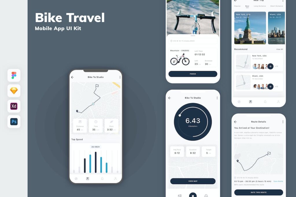 自行车旅行手机应用APP UI KIT (SKETCH,FIG,XD,PSD)