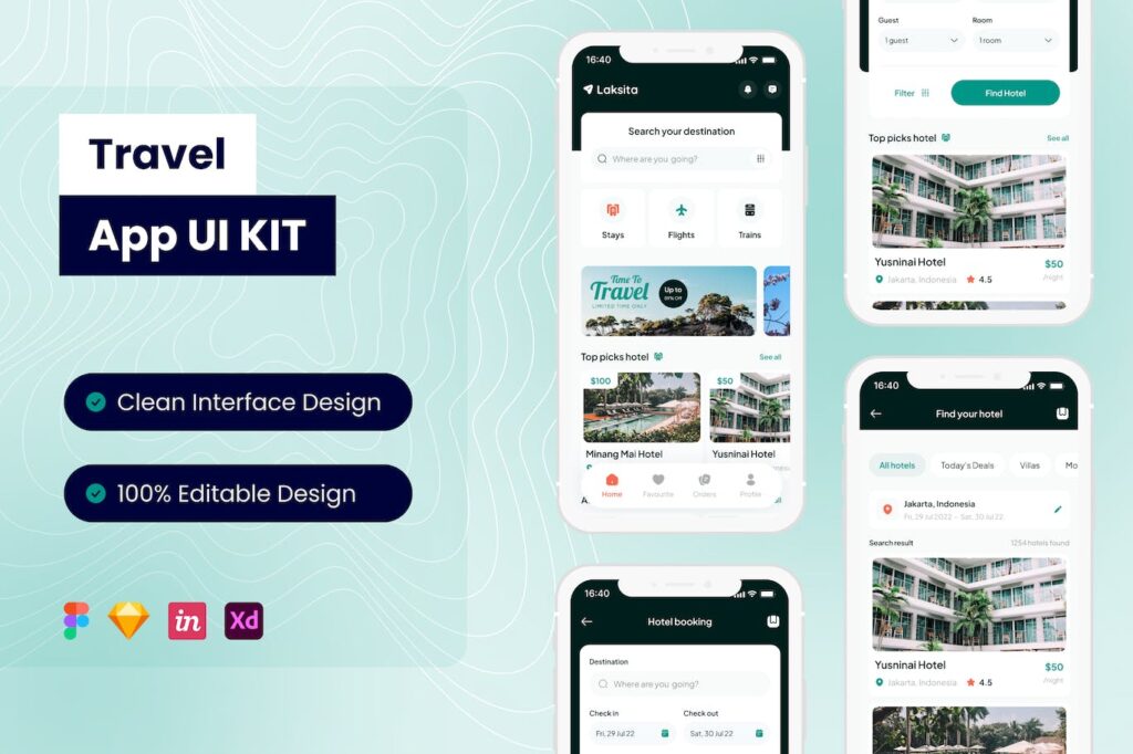 旅行手机应用 App UI Kit (FIG,SKETCH,XD)