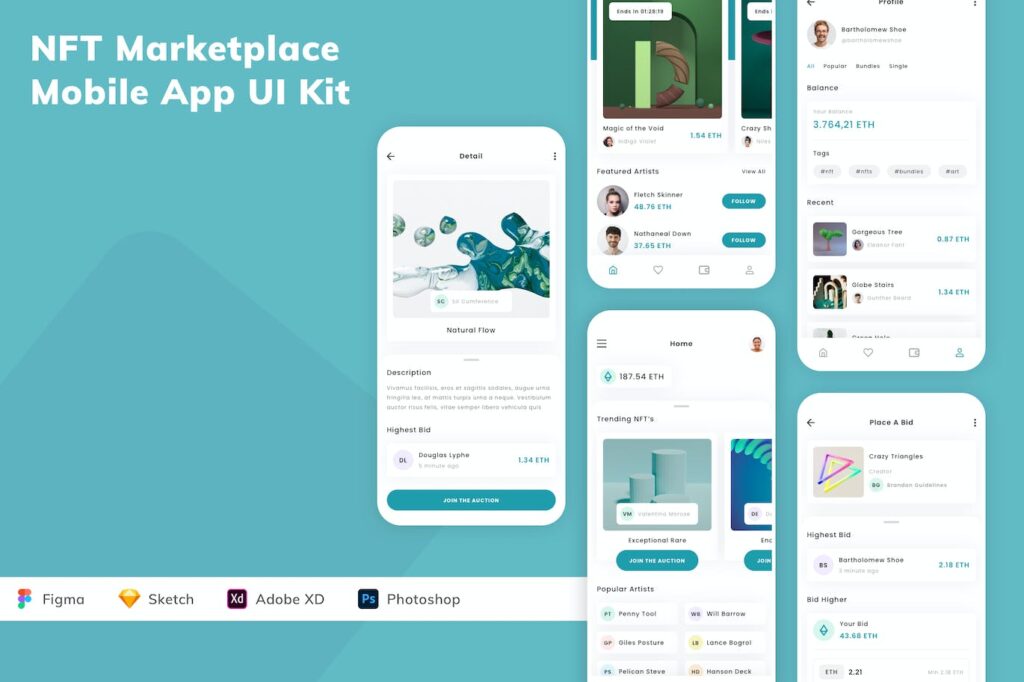 NFT市场移动应用APP UI KIT (SKETCH,FIG,XD,PSD)