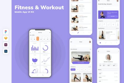 健身和锻炼移动应用APP UI KIT (SKETCH,FIG,XD,PSD)