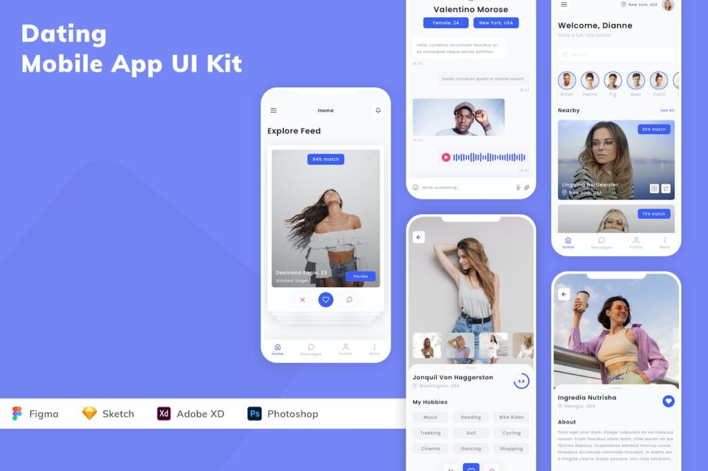 约会交友手机应用APP UI KIT (SKETCH,FIG,XD,PSD)