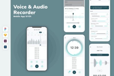 语音和音频记录器移动应用APP UI KIT (SKETCH,FIG,XD,PSD)