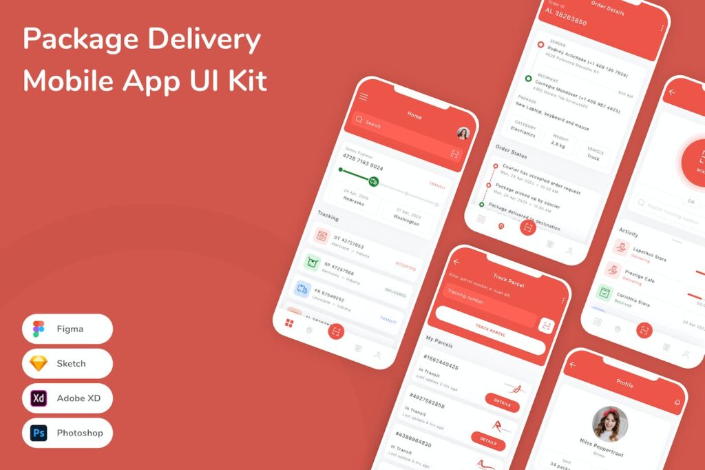 包裹递送移动应用APP UI KIT (SKETCH,FIG,XD,PSD)