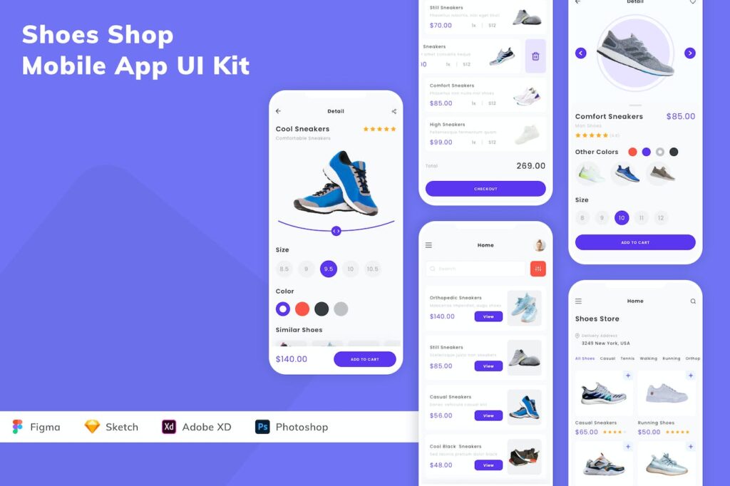 鞋店移动应用APP UI KIT (SKETCH,FIG,XD,PSD)